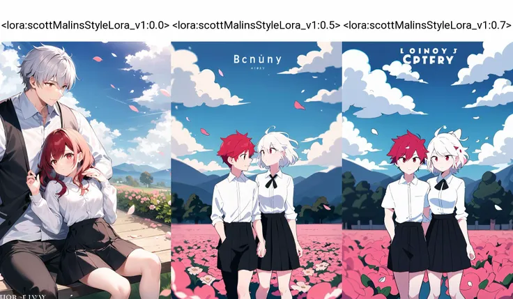 1girl, 1boy, shirt, white hair, long hair, white shirt, hetero, long sleeves, sky, cloud, outdoors, short hair, petals, black skirt, skirt, looking at another, couple, red hair, copyright name, bangs, cloudy sky
<lora:scottMalinsStyleLora_v1:0.0>