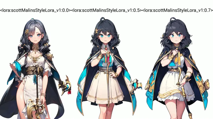 She has long, wavy black hair with a streak of silver, framing her face. Her eyes are a bright, piercing blue and she has a small, upturned nose and rosy lips. She wears a black cloak with a deep blue lining and intricate gold embroidery. Underneath, she has a form-fitting blue dress with gold accents, and gold arm bands. She carries a staff that glows with blue magic. A magic-wielding teenager <lora:kimhentaisStyleV30_v30:0.8> <lora:scottMalinsStyleLora_v1:0.0>,