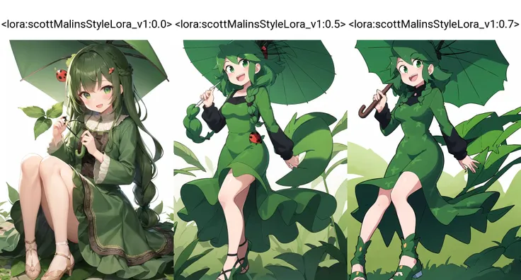 1girl, solo, long hair, green eyes, green hair, open mouth, dress, smile, leaf, very long hair, ladybug, holding, green theme, white background, :d, brown footwear, shoes, long sleeves, leaf umbrella, bug, looking at viewer, blush, full body, holding leaf, frills, braid, simple background, green dress <lora:scottMalinsStyleLora_v1:0.0>