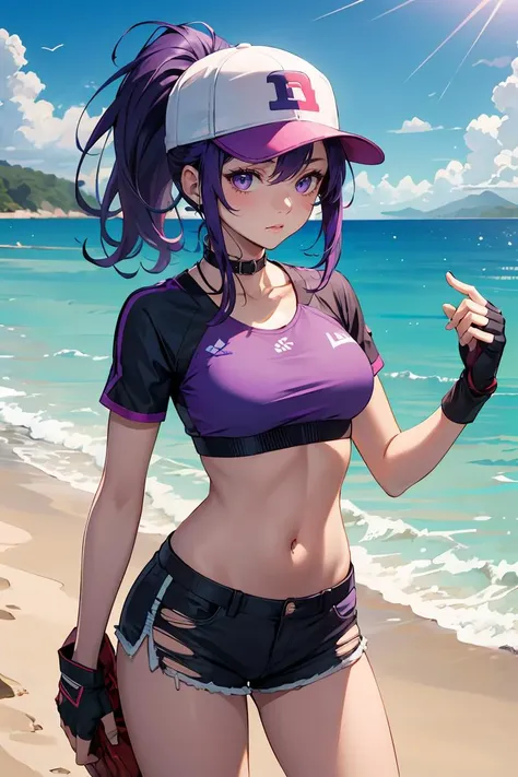 best quality, 1girl, <lora:BeachBomber:1>, BeachBomber, standing, purple hair, ponytail, baseball cap, crop top, midriff, navel, short shorts, torn clothes, fingerless gloves, on a beach