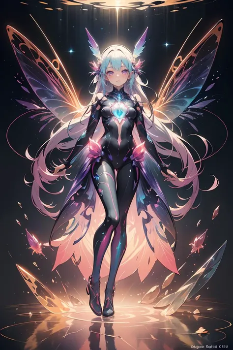 (masterpiece, top quality, best quality, official art, beautiful and aesthetic:1.2),(radial composition:1.2),(1 girl:1.2),full body,a space elf with dragonfly_wings wearing bodysuit made of purple|pink (traslucent chitin:1.2),(acidic irregular bodysuit:1.2),abstrat solar system planets orbit in background,mirror azure floor reflection,starry nebula,(iridescent,vivid fancy neon color),symmetrical ballance,glowing rainbow color long hair,fantasy,ethereal,epic,(fractal),samo eggshell,tarot card style,, <lora:samo eggshell:0.7>
