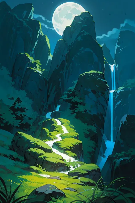 masterpiece, (((best quality))),<lora:Pyramid lora_Ghibli_n3:1>, landscape, dark night, bright moon, weak star, cliff, wind blowing, green grass, fantasy, magic world, waterfall,