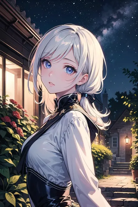 beautiful and detailed illustration,pop art,masterpiece, best quality, ultra-detailed,soft lighting,<lyco:GoodHands-beta2:0.8>, <lora:add_detail:0.3> , 1 girl, shy face ,starry sky ,garden background, glossy eyes,cinematic shot,vibrant colors,gorgeous colors,dynamic action pose,