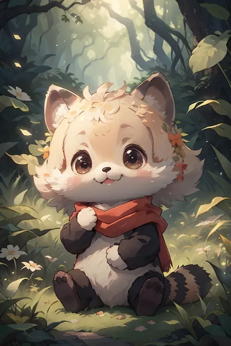 best quality,masterpiece,Fluffy,raccoon. red scarf, big eyes,<lora:1.5-Cute furry:0.8>,lawn,forest,paw pose,chibi,