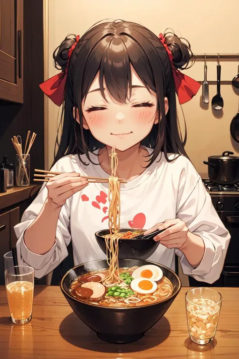 (masterpiece, best quality), 1girl, solo, cute face, kawaii, ramen, chopsticks, drinking glass, eating, heart, happy, closed eyes, closed mouth, <lora:ramen_v1.4:1>, kitchen,