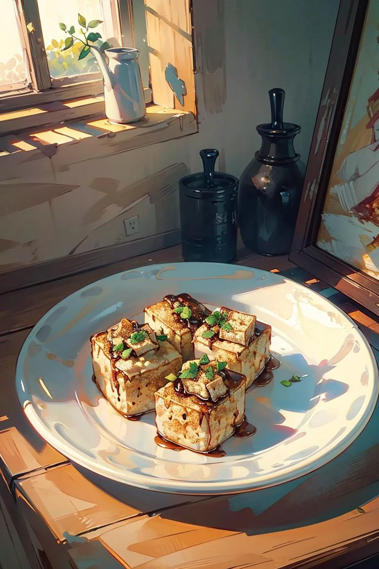 OIL PAINTING,IMPRESSIONISM,a plate of stinky tofu,((masterpiece)),illustration,high detail, soft lighting, delicious, colorful, aesthetically pleasing, studio lighting, trending <lora:CommonTaiwaneseFood_24:1>,<lora:bichu-v0612 :0.6> BICHU