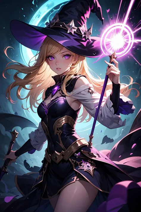 Cowboy Shot,beautiful and detailed illustration,pop art,masterpiece,best quality,ultra-detailed,soft lighting,1girl, witch, blonde hair, wielding a purple staff blasting purple energy, purple effects,light pink eyes,glossy eyes,cinematic shot,vibrant colors,gorgeous colors,dynamic action pose,<lora:GoodHands-beta2:1>, <lora:more_details:0.3>