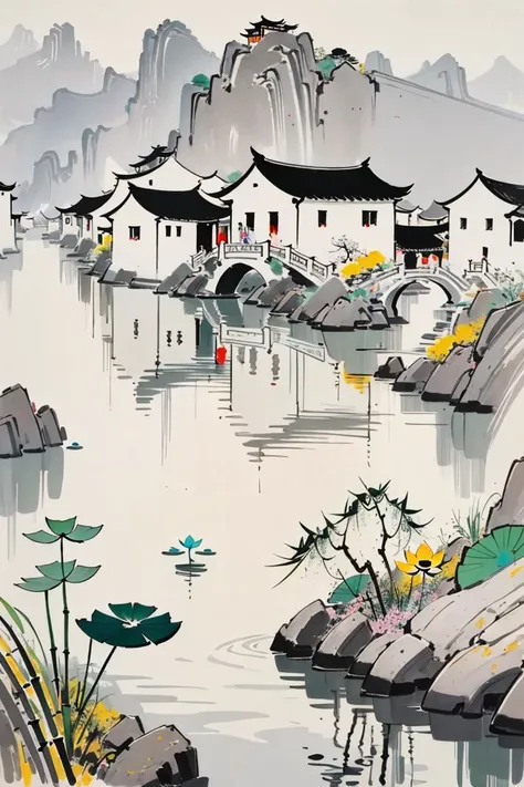 masterpiece,best quality,WuGuanZhong,house,pond,lotus,distant mountains,bamboo,high quality,<lora:WuGuanZhong Style:0.8>,
