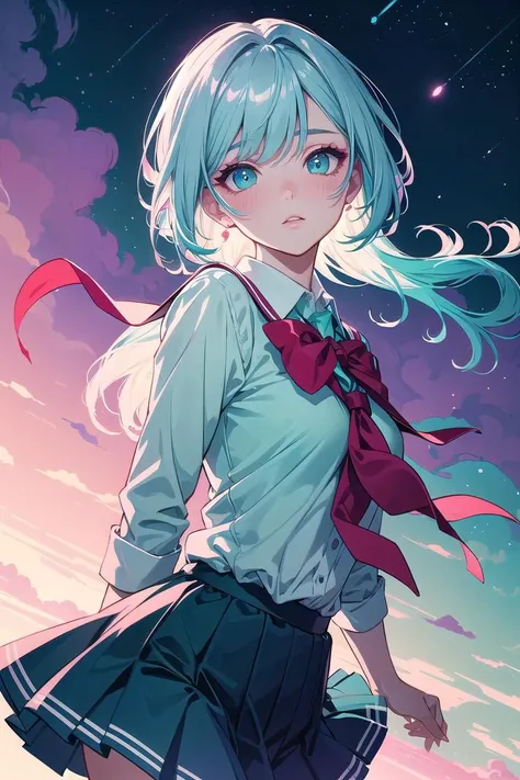 beautiful and detailed illustration,pop art,masterpiece, best quality, ultra-detailed,soft lighting,<lyco:GoodHands-beta2:0.8>, <lora:add_detail:0.3> , make-up, glowing skin, grey hair with pastel aqua dip-dye hair, school uniform, blush,night sky, smagnificent panorama view, glossy eyes,cinematic shot,vibrant colors,gorgeous colors,dynamic action pose,