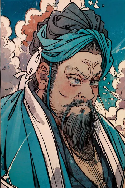 masterpiece, traditional_media, best quality, realistic, extremely detailed CG , 1boy,beard,hanfu, long sleeves, portrait, solo, ribbon, cloud, sky ,handsome , <lora:xuanxue_v6.0:0.8>, <lora:shuimobysimV3:0.4>