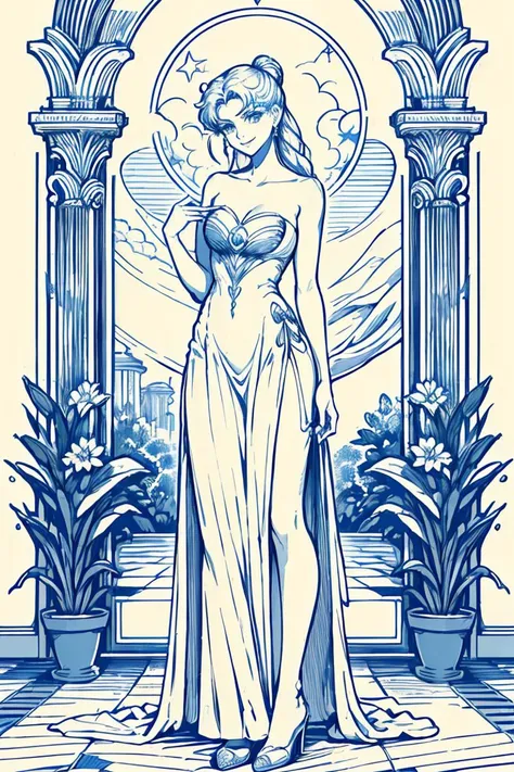 masterpiece, best quality,guochao, woodcut prints,1girl,(Sailor Moon),(light hair:1.4), long hair,delicate face, elegant, smile, (strapless floor-length gown dress:1.4),Holding a lily in left hand, standing sideways, palace, Roman columns, garden interior, glass bower,beautiful garden, lots of flowers, night scene, stars in background, curved moon, beautiful atmosphere,center of image,sketches, arts and crafts,monochrome, white and blue, detailed texture, blue background, flat, complex details <lora:çç»æç»æ¨¡å_v1.0:0.8>