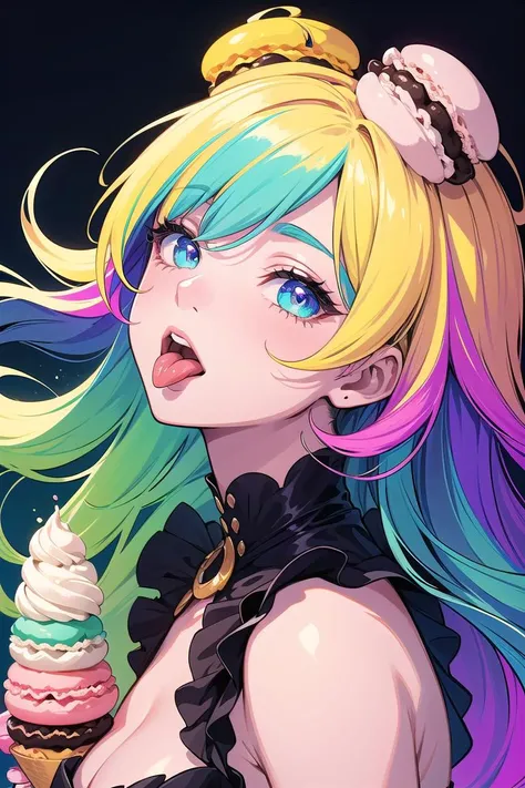 beautiful and detailed illustration,pop art,masterpiece, best quality, ultra-detailed,soft lighting,<lyco:GoodHands-beta2:0.8>, <lora:add_detail:0.3> , (colorful, vivid color:1.4), 1girl, ice cream, parfait, cream, macaron, tongue out, multicolor hair, smagnificent panorama view,glossy eyes,cinematic shot,vibrant colors,gorgeous colors,dynamic action pose,
