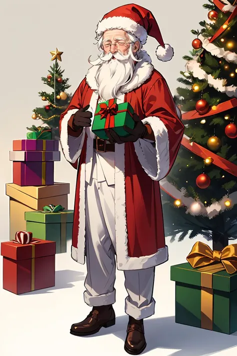 Santa Claus ,1old man, solo, gift, santa hat, Christmas trees around ,open mouth, closed eyes, mustache, smile, holding, beard, brown footwear, christmas, white hair, standing, gloves, santa costume, gift box, box, full body, fur trim, red headwear, happy, holding gift, male focus
