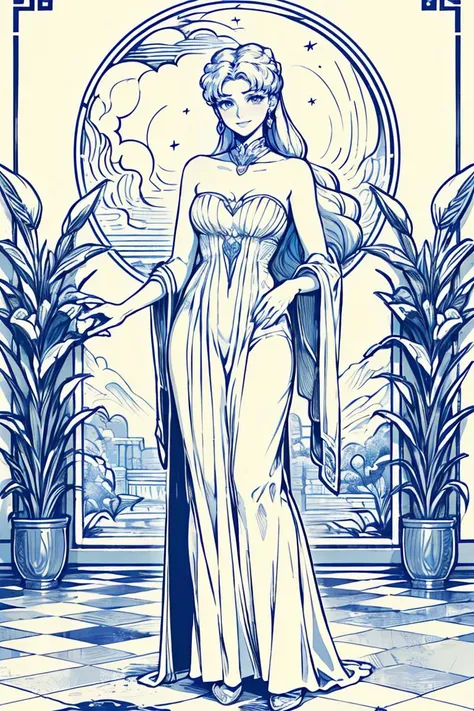 masterpiece, best quality,guochao, woodcut prints,1girl,(Sailor Moon),(light hair:1.4), long hair,delicate face, elegant, smile, (strapless floor-length gown dress:1.4),Holding a lily in left hand, standing sideways, palace, Roman columns, garden interior, glass bower,beautiful garden, lots of flowers, night scene, stars in background, curved moon, beautiful atmosphere,center of image,sketches, arts and crafts,monochrome, white and blue, detailed texture, blue background, flat, complex details <lora:çç»æç»æ¨¡å_v1.0:0.8>