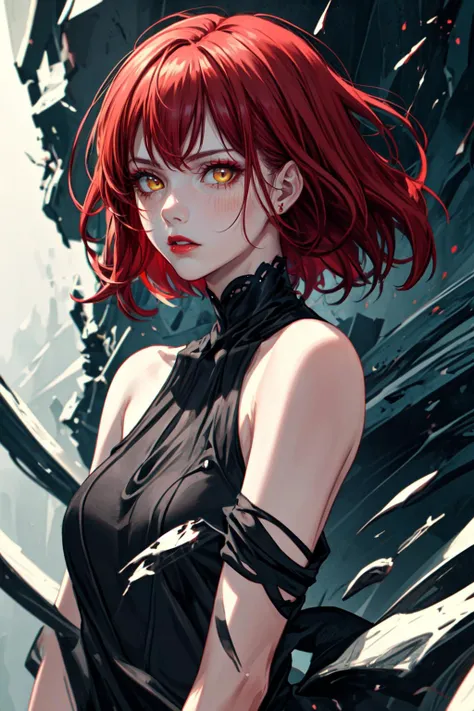 portrait of a girl, red hair, yellow eyes, dynamic expression, expressive mood, maroon lipstick, short black dress, bare shoulders. <lora:pytorch_lora_weights:0.25>, hyper realistic, cinematic, vivid lighting, <lora:epi_noiseoffset2:0.6>, <lora:more_details:0.4>, (highres, highly detailed:1.1), aesthetic, masterpiece