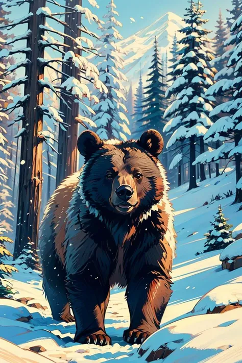 (masterpiece, best quality:1.15),no humans,bear,animal,animal focus,snow,pine tree,rock,plant,nature,scenery,outdoors,<lora:OilPastel_v1_R128:0.8>,