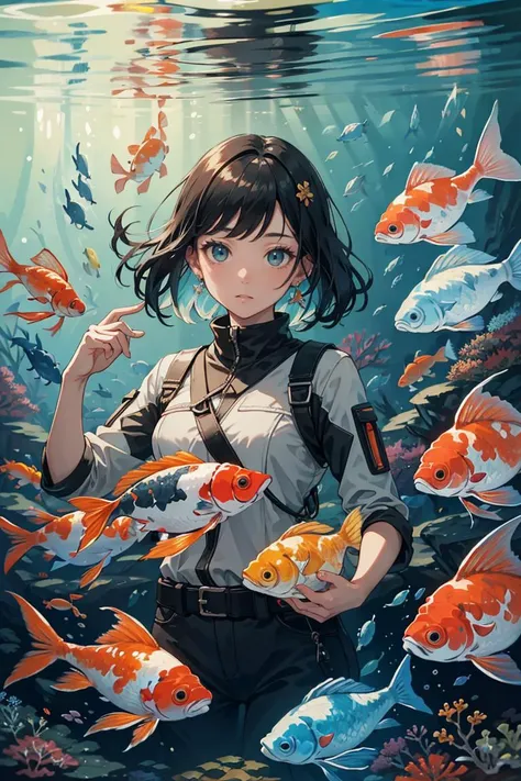 masterpiece,best quality,high quality, close-up 1 woman, in exoplanet colonization site, new frontier settlement, terraforming efforts, pioneering spirit, reef-fish, gold-fish, koi-fish, masterpiece, high resolution, shallow depth of field, sharp focus ,<lora:Concept - School of Fish_v1.1:0.2>, <lora:shuV2:0.3>,