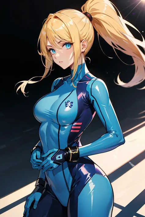 absurdres, best quality, 1girl, solo, eye focus, looking at viewer, samus aran, ponytail, hair tie, blue gloves, blue bodysuit , <lora:samus-nvwls-v1:0.9>