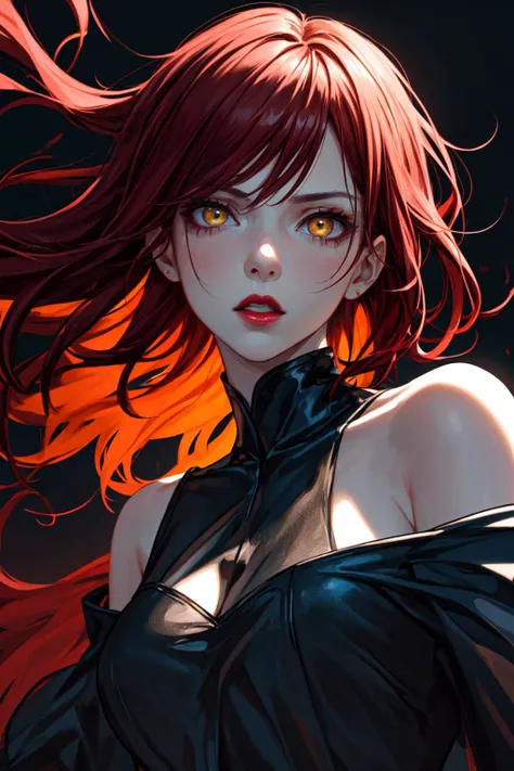 portrait of a girl, red hair, yellow eyes, dynamic expression, expressive mood, maroon lipstick, short black dress, bare shoulders. <lora:pytorch_lora_weights:0.25>, hyper realistic, cinematic, vivid lighting, <lora:epi_noiseoffset2:0.6>, <lora:more_details:0.4>, (highres, highly detailed:1.1), aesthetic, masterpiece