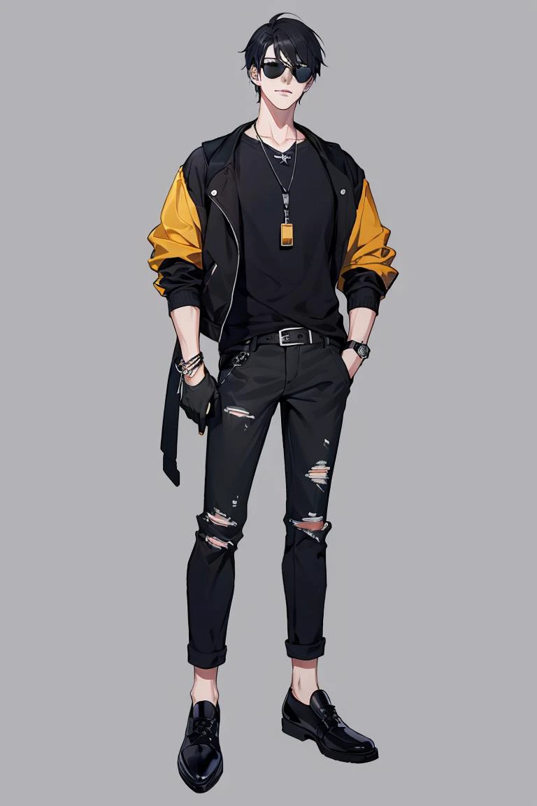 Character standing drawing,modern design,1boy,male focus,solo,jacket,black hair,pants,torn clothes,jewelry,black footwear,sunglasses,gloves,grey background,hand in pocket,full body,black gloves,simple background,necklace,belt,jacket removed,dog tags,torn pants,black jacket,standing,shirt,short hair,watch,shoes,bracelet,looking at viewer,tank top,holding,black shirt,leather,wristwatch,<lora:xiandai:0.7>,masterpiece,best quality,high quality,<lora:GoodHands-vanilla:1>,