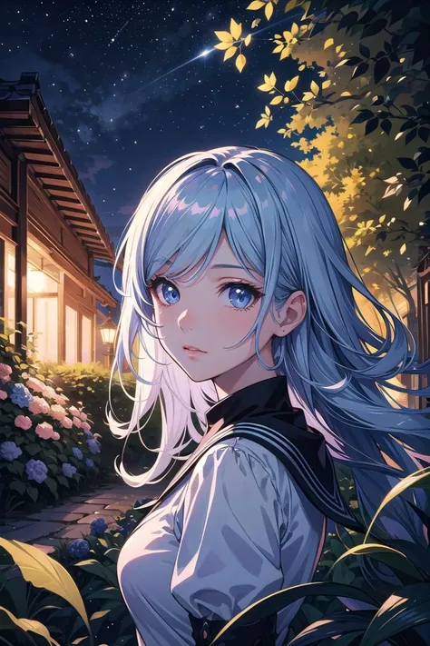 beautiful and detailed illustration,pop art,masterpiece, best quality, ultra-detailed,soft lighting,<lyco:GoodHands-beta2:0.8>, <lora:add_detail:0.3> , 1 girl, shy face ,starry sky ,garden background, glossy eyes,cinematic shot,dynamic action pose,vibrant colors,gorgeous colors,