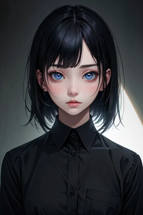 masterpiece, best quality, (dark photo:1.3), photorealistic, 1girl, flat bangs, stunning innocent symmetry face, shirt, emotional, ulzzang, <lora:more_details:0.3>, <lyco:GoodHands-beta2:0.8>