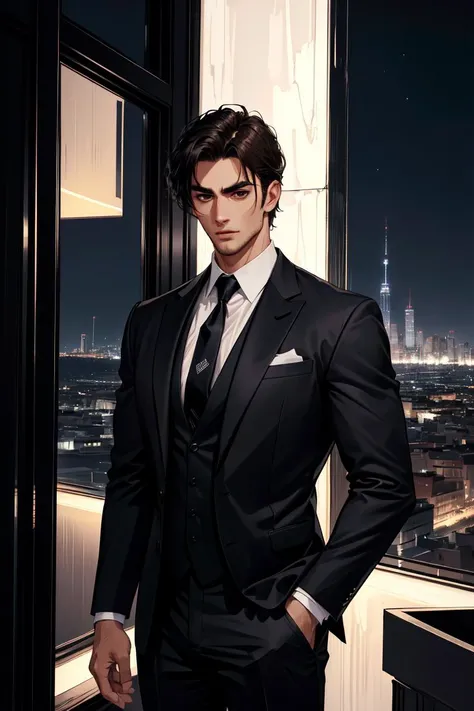 (absurdres, highres, ultra detailed, realistic, ), 1 male, solo, adult, mature, tall muscular guy, broad shoulders, handsome, very short hair, black hair, brown eyes, angular jaw, thick neck, thick eyebrows, night, dark, the night view of the city background, formal suit, necktie, upper body,<lora:more_details:0.3>, <lyco:GoodHands-beta2:0.8>