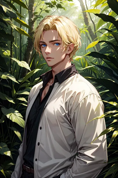 realistic, (absurdres, highres, ultra detailed), 1 male, solo, mature, tall muscular guy, broad shoulders, handsome, angular jaw, thick neck, BREAK, looking at viewer, short blonde hair, blue eyes, long sleeves, forest, trees full of greenery, fluttering leaves, natural light and shadow, Jungle exploration, lots of plants, depth of field, upper body, frontal,<lora:more_details:0.3>, <lyco:GoodHands-beta2:0.8>