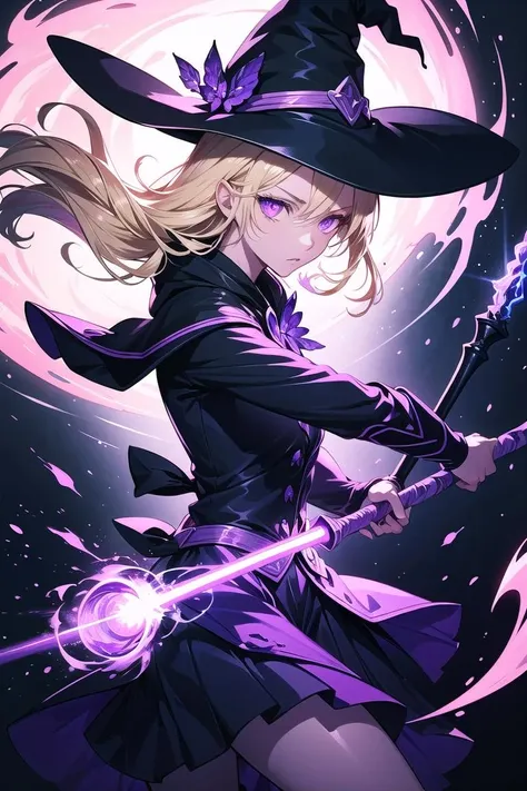Cowboy Shot,beautiful and detailed illustration,pop art,masterpiece,best quality,ultra-detailed,soft lighting,<lyco:GoodHands-beta2:0.8>,<lora:add_detail:0.3>,1girl, witch, blonde hair, wielding a purple staff blasting purple energy, purple effects,light pink eyes,glossy eyes,cinematic shot,vibrant colors,gorgeous colors,dynamic action pose,