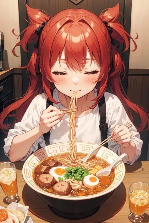 (masterpiece, best quality), 1girl, solo, cute face, kawaii, ramen, chopsticks, drinking glass, eating, heart, happy, closed eyes, closed mouth, <lora:ramen_v1.4:1>, kitchen,