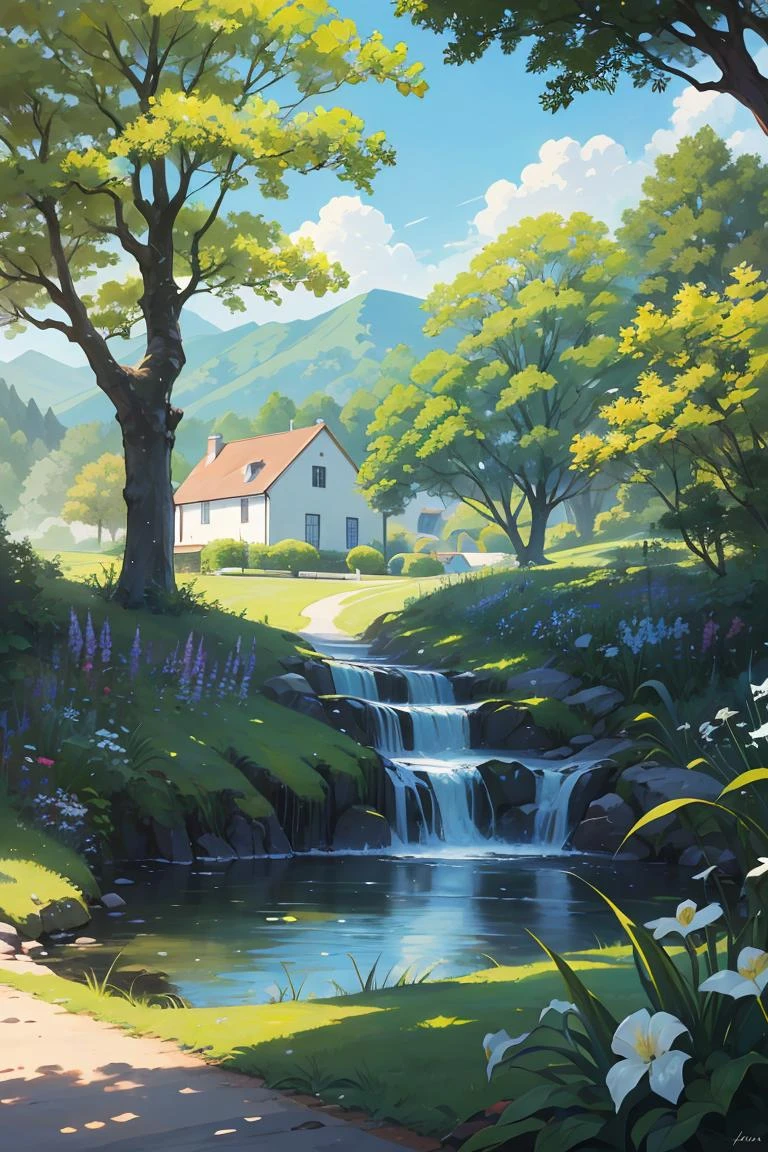 Create a summer landscapeï¼Capture the beauty and tranquility of a sunny day in the countryside. The painting should be colorful and vibrant, Depict lush greenery with warm tones and bold brushstrokes, Rolling hills, and blue sky. You can choose to include small streams, Several trees, Or a farmhouse in the backgroundï¼to add depth and interest to the painting. Make sure to pay attention to the position of the elements and the overall composition of the paintingï¼to create a sense of balance and harmony. Use your imagination and creativityï¼Bring the scene to life on the canvas, And feel free to experiment with different techniques and styles to achieve the desired effect.