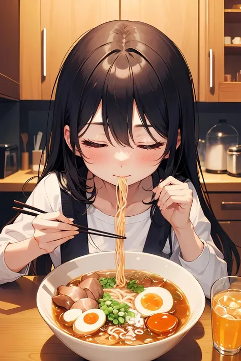 (masterpiece, best quality), 1girl, solo, cute face, kawaii, ramen, chopsticks, drinking glass, eating, heart, happy, closed eyes, closed mouth, <lora:ramen_v1.4:1>, kitchen, <lora:GoodHands-beta2:1>