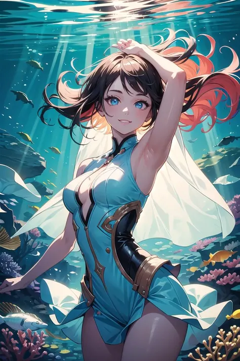 Cowboy Shot,beautiful and detailed illustration,pop art,masterpiece,best quality,ultra-detailed,soft lighting,<lyco:GoodHands-beta2:0.8>,<lora:add_detail:0.3>,under the sea,head floating,sunbeams,smiling,hair,beautiful eyes,1 gril,glossy eyes,cinematic shot,vibrant colors,gorgeous colors,dynamic action pose,