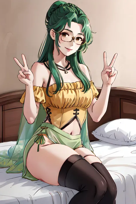 masterpiece, <lora:elincia-10:0.8>, elincia fe, 1girl, solo, looking at viewer, bedroom background, sitting, peace sign, thick thighs, seductive smile, round eyewear, thigh strap