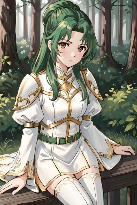 masterpiece, <lora:elincia-10:0.8>, elincia fe, 1girl, solo, looking at viewer, serious, forest background, sitting, white dress, armor, thigh boots, belt