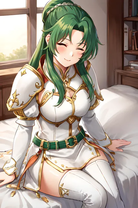 masterpiece, <lora:elincia-10:0.8>, elincia fe, 1girl, solo, looking at viewer, blush, sitting, on bed, seductive smile, white dress, armor, thigh boots, belt, one eye closed
