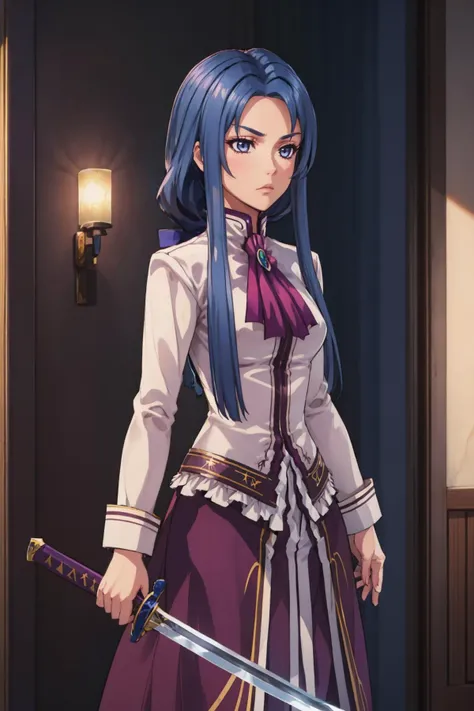 masterpiece, best quality, <lora:Aurier-10:1>, Aurier Vander, long hair, blue hair, lavender eyes, medium breasts, white shirt, purple skirt, long skirt, furrowed brow, standing, serious, holding sword, KatanaOneHand, holding <lora:UnlimitedBladeWorks1.6:0.8>