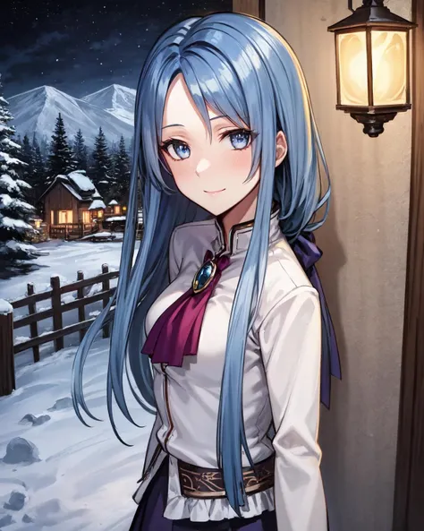 best quality, (masterpiece:1.2), illustration, absurdres, ,
(1girl), (solo), (beautiful detailed girl), (upper body, portrait), from above,
<lora:Aurier-10:0.8>, Aurier Vander, long hair, blue hair, lavender eyes,
white shirt, purple skirt, long skirt, flat shoes,
gentle smile, looking at viewer,
winter, snowfall, snowy mountains, snow, snowy pine trees, freezing weather, frost, chill, wind, windy, winter , night, nighttime, starry sky, wooden fence, distant village, distant lights, lantern,