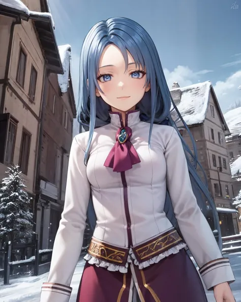 best quality, (masterpiece:1.2), illustration, absurdres,
(1girl), (solo), (beautiful detailed girl), (upper body, portrait), from below,
<lora:Aurier-08:1>, Aurier Vander, long hair, blue hair, lavender eyes,
white shirt, purple skirt, long skirt, flat shoes,
gentle smile, looking at viewer,
winter, cold, snow, snowing, harbor, port, dark, stone buildings, cobblestone buildings, medieval village, viking village,