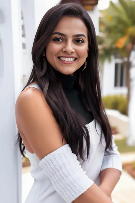 hires close up photo of a woman, shsr, outdoors, realistic skin texture, looking looking at camera, sleeveless turtleneck, smiling, simple white stucco background <lora:shsr_Shraddha_Srinath_SD15_LoHa:1>