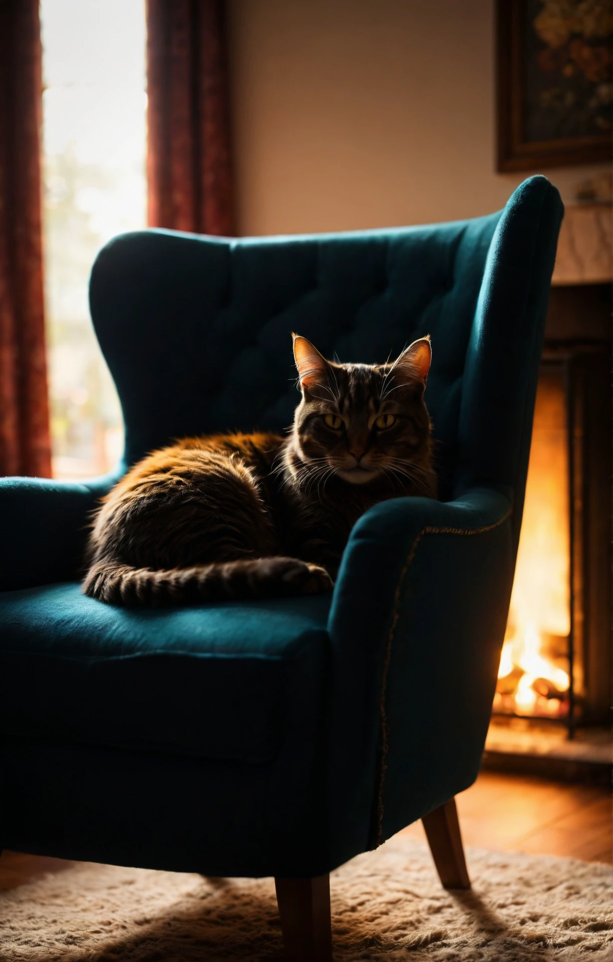 (CYBR-XL:1.4), comic book art, superhero, highly detailed, portrait of a cat sleeping in a fluffy chair in a cozy living room with a fireplace, sunshine enters the room. photorealistic, bokeh, intricate details, film grain, hazy, blurry, <lora:add-detail-xl:0.9>