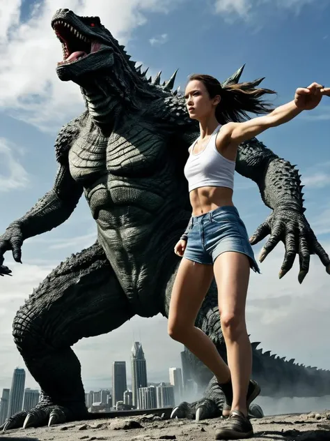 (((Ultra-HD-details, 60+fps-details))) giantess-fighting-against-godzilla, round-one-fight!