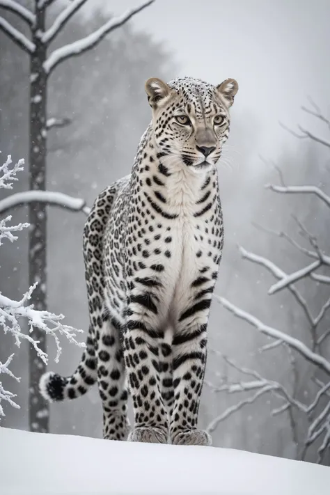 symbolist style in the image, a leopard is captured in its natural habitat, standing amidst a snow covered landscape. the cat's coat, adorned with distinctive black spots, is dusted with fresh snowfall, adding a contrasting touch to the otherwise monochrome environment. . symbolic, mystical, expressive, dreamy