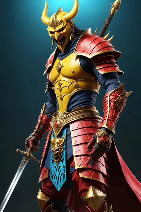 memphis design aesthetic there is a statue of a man with a yellow mask and a sword, tiny monster as a darksouls boss, demon armor, hero from dota 2, demon samurai, oni horns, dota character, demon samurai warrior, in monster hunter armor, evil knight, red demon armor, hyperdetailed fantasy character, kabuto, is evil gremlin, ruler of inferno . colorful, geometric, 1980s pop culture, bold patterns