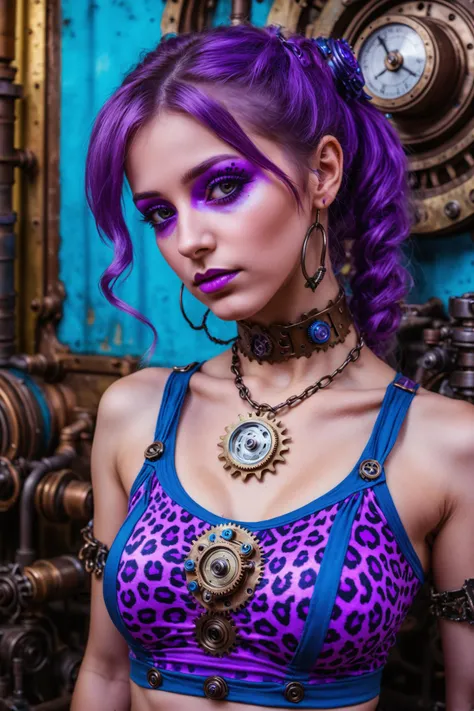 steampunk aesthetic a photograph of , a woman wearing a purple and blue leopard print top, a picture inspired by lisa frank, pexels, renaissance, purple top, purple and blue neon, wearing a designer top . victorian, industrial, mechanical gears, bronze tones