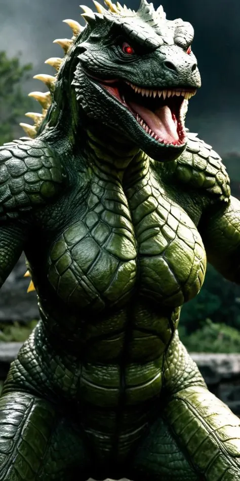 (((Ultra-HD-details, 60+fps-details, epicness-overload))) oversexualized-female-godzilla, reptile-skin