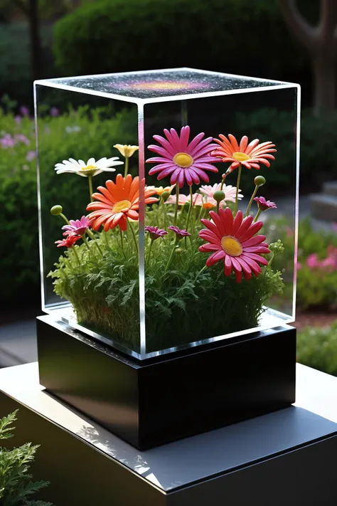 a glass cube sculpture, concealed inside the cube are, in this imaginative setting, the garden is a bustling community of various flower species. each type of flower has its own unique style and color scheme. some have long, slender petals that sway gently in the breeze, while others boast short, plump blooms that stand proudly amidst their green companions. the pink and red daisies take center stage in this floral spectacle, with some blooming in clusters while others stand alone, like proud artists showcasing their work on an open canvas. nearby, the yellow and orange flowers add a warm, cheerful ambiance to the scene, their vibrant hues contrasting beautifully with the deep greens of the surrounding foliage. as you walk through this colorful haven, it's as if each plant has its own story to tell. they may be different in appearance and form, but they coexist harmoniously, creating a symphony of colors and shapes that fills the air with a sense of creativity and conformity. the entire scene is a testament to the beauty of diversity and unity working together to create something truly magnificent., lights emerges out of the frame, in the dark, detailed image, high quality detailed, shaped cube, amazing wallpaper, digital painting highly detailed, uhd detailed oil painting, beautiful art uhd, focus on full glass cube, bokeh, background, extremely detailed award winning photography, fantasy studio lighting, photorealistic very attractive beautiful imperial colours ultra detailed 3d, very intricate, (3d framed, mega details), uhd