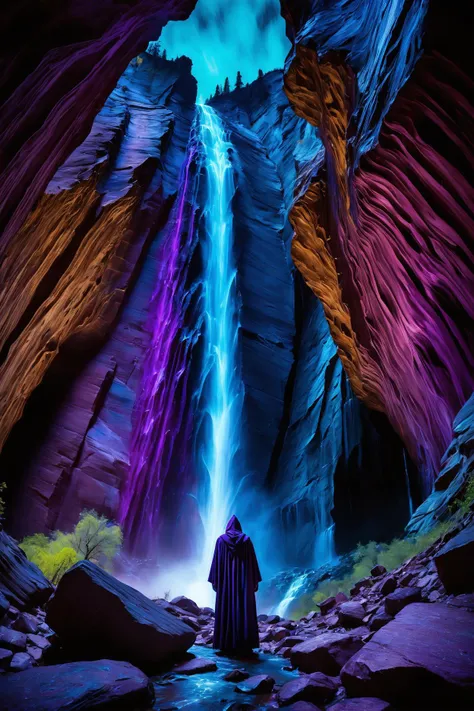 neo expressionist style the painting captures a mystical scene set in a dark, rocky canyon. a figure with a long, flowing purple cloak stands at the center of the image, facing towards a large waterfall cascading down from the top of the canyon. the waterfall is illuminated by a bright blue light that seems to emanate from within the rocks, casting an ethereal glow on the surroundings. the background features tall, jagged mountains, further emphasizing the grandeur and scale of the scene. the art style is reminiscent of post impressionism, characterized by bold brushstrokes and vivid colors, lending the image a dreamlike quality. . intense, raw, vivid imagery