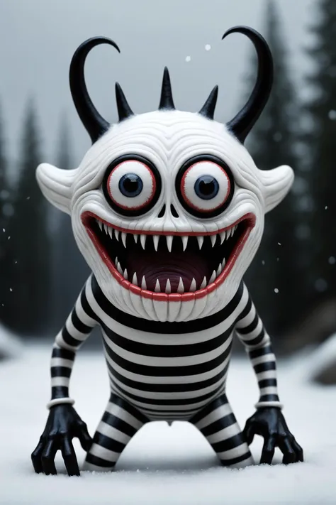 striped!! there is a cartoon monster with a creepy face standing in the snow, avantgarde 4k wallpaper, white bones, style of tim white, little creature, river styx, voodoo , closeup!!!!!!, benjamin vnuk, hollow eyes, by jason felix, coronavirus creatures, rad, very epic, toony, boney, cool looking, 8k, uhd, sharp focus, bokeh, fujifilm , inspired by stevan dohanos, inspired by ron english, inspired by waldo peirce, inspired by george abe, inspired by charles addams, pj crook