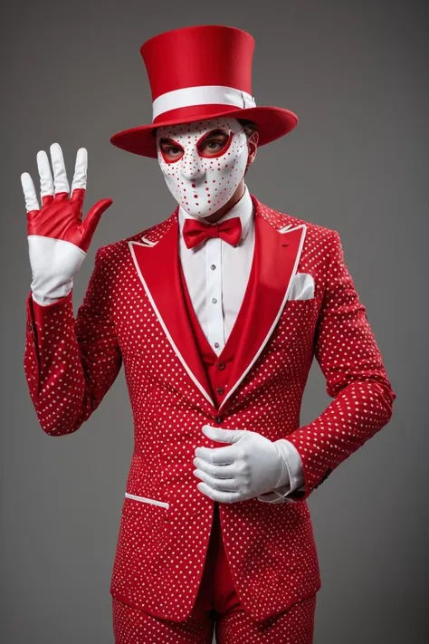 slasher film style the image presents a striking figure, adorned in a unique and vibrant costume. the individual's face is concealed behind a mask with a bold red and white color scheme, while their eyes shine through with an intense gaze. they are sporting a matching red and white dotted hat, which complements the overall look. the person is dressed in a suit that shares the same distinctive pattern of red and white dots as their hat. the jacket is notable for its red lapels and buttons, adding contrast to the outfit. their hand, covered in white gloves, is raised in the air, making a gesture that appears to be pointing or directing attention towards something. the background of the image is minimalistic, featuring a light gray backdrop that allows the viewer's focus to remain on the eccentrically costumed figure. the simplicity of the background serves to emphasize the intricate details and colors of the costume, making it stand out prominently within the frame. . masked killers, isolated settings, high tension, graphic violence